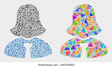 Lady mosaic icon of triangle elements which have various sizes and shapes and colors. Geometric abstract vector illustration of lady.