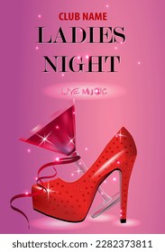 Lady Night invitation with red high heeled shoe and red cocktail