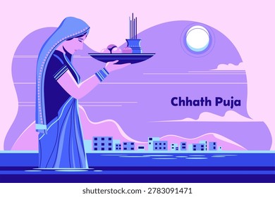 Lady offering Chhath Pooja to Sun God in traditional festival of Bihar India illustration background
