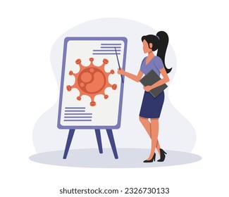 Lady in office clothes standing near board with virus emblem. Protection from pandemic outbreak. Concept of antiviral vaccination. Boosting immune system health. Vector flat illustration