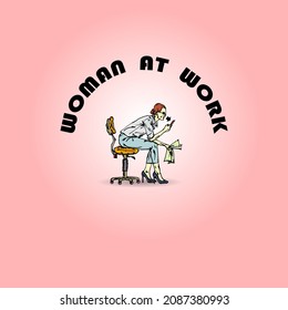 A lady officer checks her smartphone and holds a stack of documents while sitting on an office chair for the concept of woman at work. Hand drawn vector illustration.