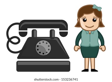 Lady with Old Retro Phone Instrument - Business Cartoons Vectors