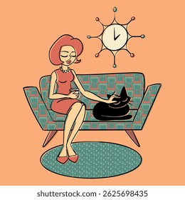 Señora en un sofá bebiendo café con un gato negro