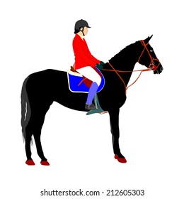 Lady on horse, vector illustration isolated on white background.Beautiful girl polo player in horse race. 