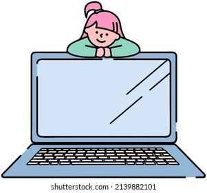 Lady on portable personal computer. Girl uses smart screen device with keyboard. Technology item, graphic device, laptop vector illustration. Woman on monitor of electronic equipment for work or study