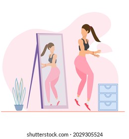 A lady on sport bra check on mirror, good shapes, exercise for life, self love, narcissus, pink tone