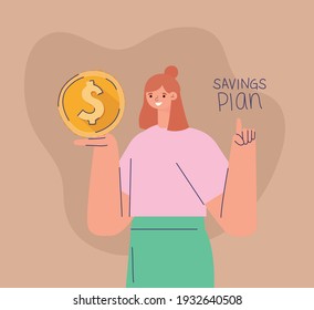 dama con una moneda en el diseño de la ilustración del vector de mano