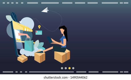  Lady  Online shopping,E-commerce,Vector Creativity modern Idea and Concept illustration flat design.