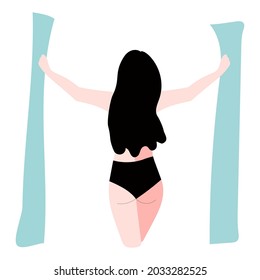 la señora abre las cortinas azules