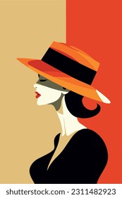 dama con sombrero de naranja con ilustración vectorial de labios rojos