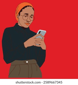 A lady in an orange scarf gracefully reading her emails on her cell phone with a focused expression