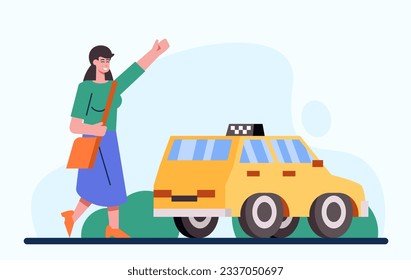 Lady ordering car outside in park. Taxi on way to client. Online car order via smartphone. Vector flat illustration in green and yellow colors in cartoon style