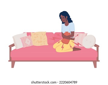 Lady with painful period semi flat color vector character. Menstrual cramps. Editable figure. Full body person on white. Simple cartoon style illustration for web graphic design and animation