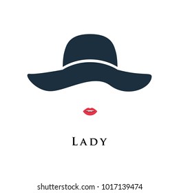 Lady with painted lips in a beautiful hat. Vector illustration.