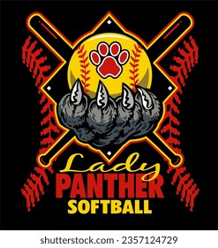 lady panther softball team diamond design with claw holding ball for school, college or league sports