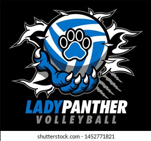 lady panther volleyball design with claw holding ball and ripping through background for school, college or league