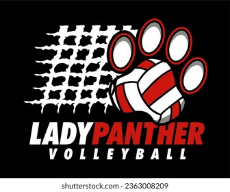 lady panther volleyball design with paw print ball and net for school, college or league sports