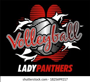 lady panthers volleyball team design with ball ripping through the background for school, college or league