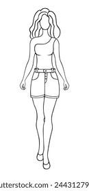 The lady parades in a comfortable summer outfit. Sketch. Vector illustration. A girl wearing a one-shoulder halter top and short denim shorts with buttons and pockets. Cute woman with wavy hair 