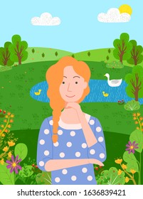 Lady at park vector, forest with trees and bushes, pond and swans. Greenery and natural resources, woman relaxing on nature. Female character on meadow