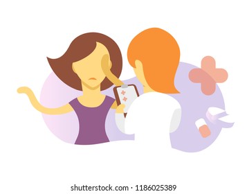 Lady patient having medical examination with physician doctor. Colorful flat vector illustration. Isolated on white background.