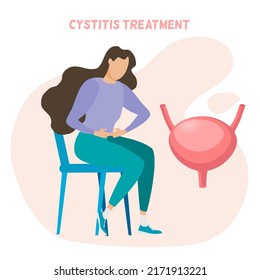 A Lady Patient Sitting On A Chair Touching At Her Stomach, Urine Infection, Cystic, Pain When Pee Or UTI Disease.