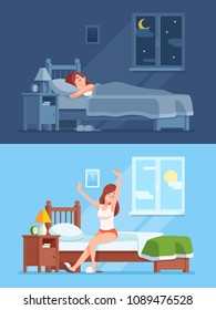 Lady Peaceful Sleeping Under Duvet In Comfortable Bed At Night, Waking Up In Morning And Stretching Sitting On Soft Mattress. Woman Sleep In Bedroom Cartoon Vector Concept