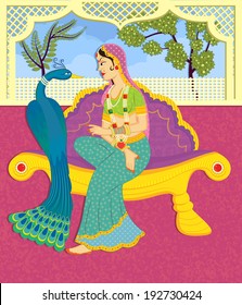 Lady with peacock in Indian art style
