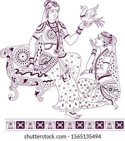 Lady with pegion  in Indian art style