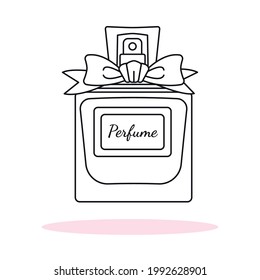 Lady Perfume isolated vector illustration. Glass bottle with bow, outline art for prints and web decor.