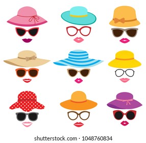 Lady photo booth vector set with summer hats, glasses and lips