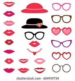 Lady photo booth vector set with hats, glasses and lips