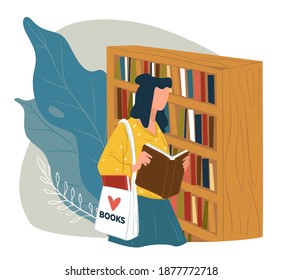 Lady picking book to read in bookstore, buying or borrowing publications from library. Student or bookworm with fancy canvas bag enjoying literature and modern textbooks. Vector in flat style