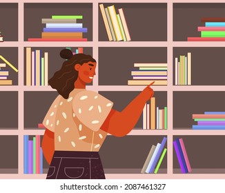 Lady Picking Book To Read In Bookstore, Buying Or Borrowing Publications From Library Standing Near Large Book Shelves. Student Or Reader Enjoying Literature And Modern Textbooks At Book Festival