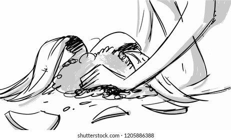 the lady picks up the fallen blossom,storyboard