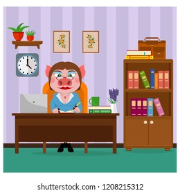 Lady pig in the office. Office worker, Director, boss, Manager. Vector illustration.