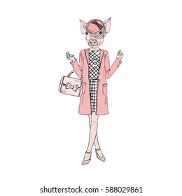 lady piggy, furry art illustration, fashion animals