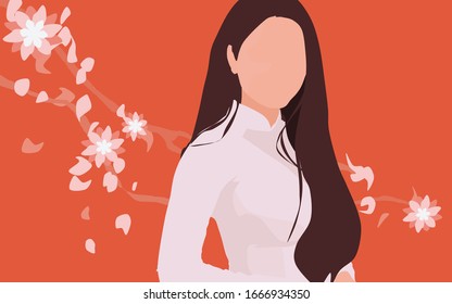 Lady with pink flowers on orange background, long hair
