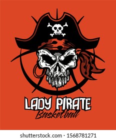 lady pirate basketball team design with jolly roger skull inside ball for school, college or league