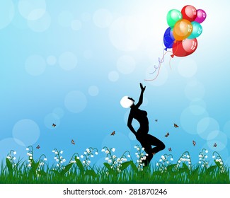 Lady playing with balloons. EPS 10 vector illustration with transparency and mesh.