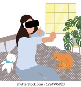 The lady plays game VR game and the cat sitting on her bed another one sleeping vector design.