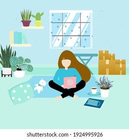 The lady plays game VR game and the cat sitting on her bed another one sleeping vector design.Covid and teenager.