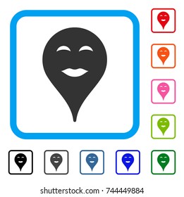 Lady Pleasure Smiley Map Marker icon. Flat gray iconic symbol in a blue rounded rectangular frame. Black, gray, green, blue, red, orange color versions of Lady Pleasure Smiley Map Marker vector.