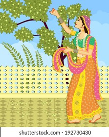 Lady plucking flowerin garden in Indian art style