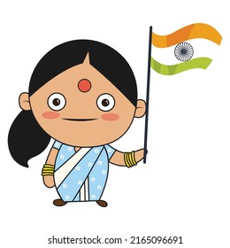Lady politician is holding flag. Vector graphic illustration. Individually on a white background.