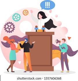 Lady politician, political candidate giving speech while standing behind rostrum, concept vector illustration. Election speech, meeting with voters, concept for web banner, website page etc.