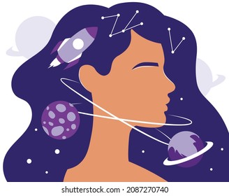 Lady portrait in outer space concept. Lovely woman with cosmos or universe in her hair, rocket, planet and constellations. Study of astronomy or astrology. Cartoon modern flat vector illustration