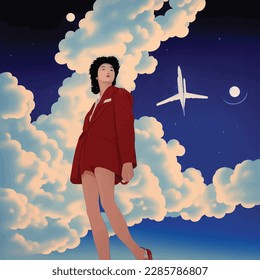 A lady posing underneath the night sky as an airplane flies overhead