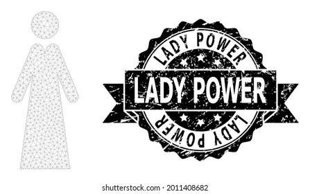 Lady Power texturó el sello y la estructura de malla de la dama vector. El sello negro incluye el título Lady Power dentro de la cinta y rosette. Señorita de malla plana abstracta, diseñada con malla plana.