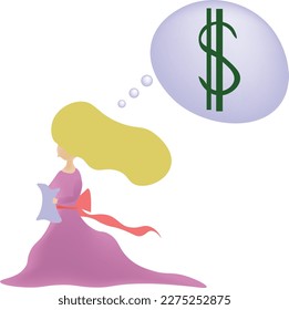 lady princess with pink gown with long hair a girl thinking about financial economy thinker